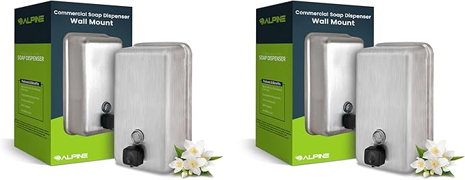 Alpine Commercial Wall-Mounted Soap Dispenser – Stainless Steel, Liquid, Manual Pump, ADA Compliant, 1200ml for High-Traffic Bathrooms - 2 Pack