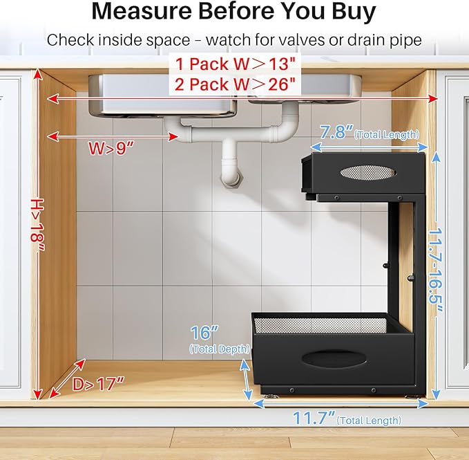 Under Sink Organizer, 2 Tier Pull Out Under Cabinet Organizer Shelf with Pad for Framed Cabinets, Metal Slide Out Under Sink Storage, Mesh Sliding Drawers for Kitchen Bathroom Laundry(Black, 1 Pack)
