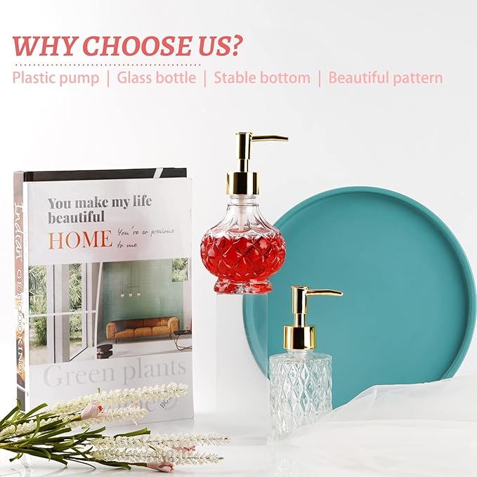 Glass Hand Soap Dispenser Bathroom with Rust Proof Pump for Kitchen Dish Soap, Hand Soap, Essential Oil & Lotion (2PCS New Gold)