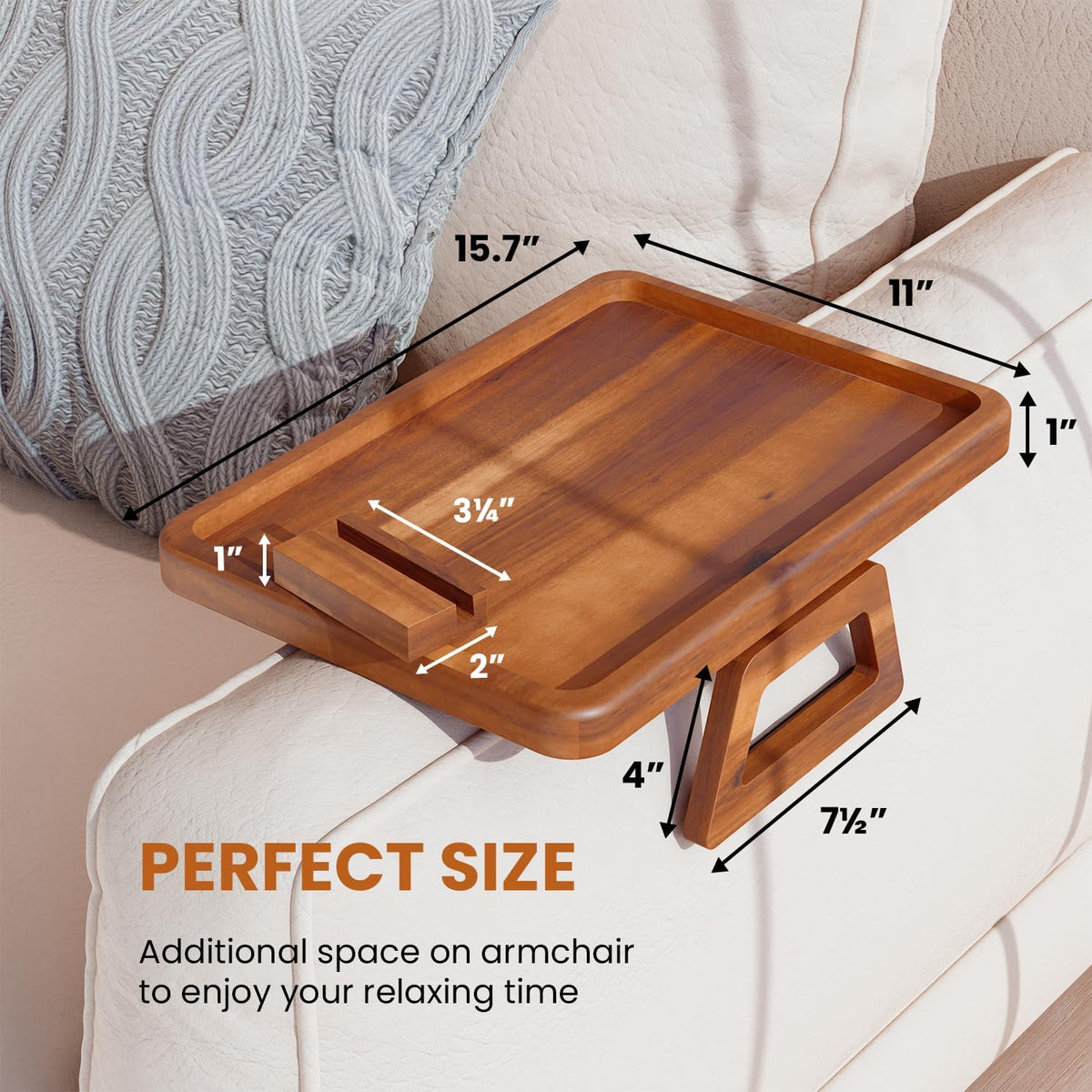 Tinamo 15.7" x 11" Large Couch Arm Table with 360 Rotating Phone Holder - Sofa Arm Clip Table for Living Room - Sofa Armrest Tray Wide Couches