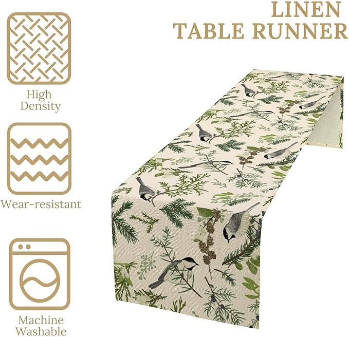 Bird Spring Table Runner,Vintage Watercolor Perching Birds Green Pine Branches Table Runner for Kitchen Dining Table Holiday Indoor Outdoor Home Party Decor 13x70in