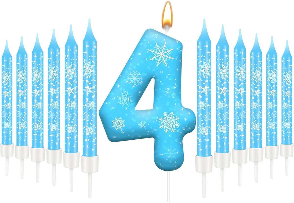13PCS White and Blue Frozen Themed Party Birthday Candles Set - Blue Number Candles Snowflake Themed Decorations, Girls Party Supplies(Number 4)