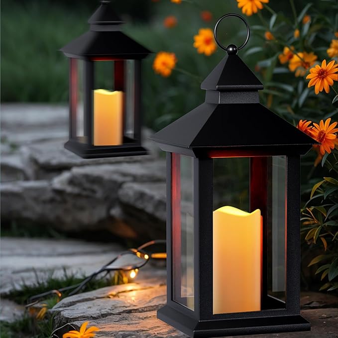 Lanterns Decorative Indoor, 1 Pack Black Decorative Flameless Candle Lanterns with Timer, Vintage 14" Waterproof Hanging Outdoor Lanterns, Battery Operated for Porch, Patio, Wedding Decor