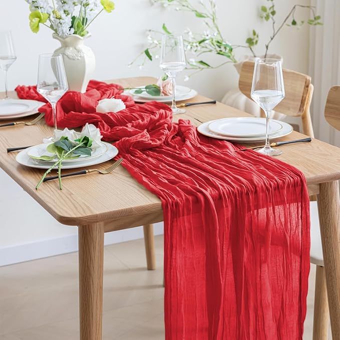 Asee'm 3PCS EasterTable Runner Cheesecloth 10FT Red Boho Gauze Fabric Rustic Sheer Cheese Cloth Runners for Valentine's Day Wedding Bridal Shower Party