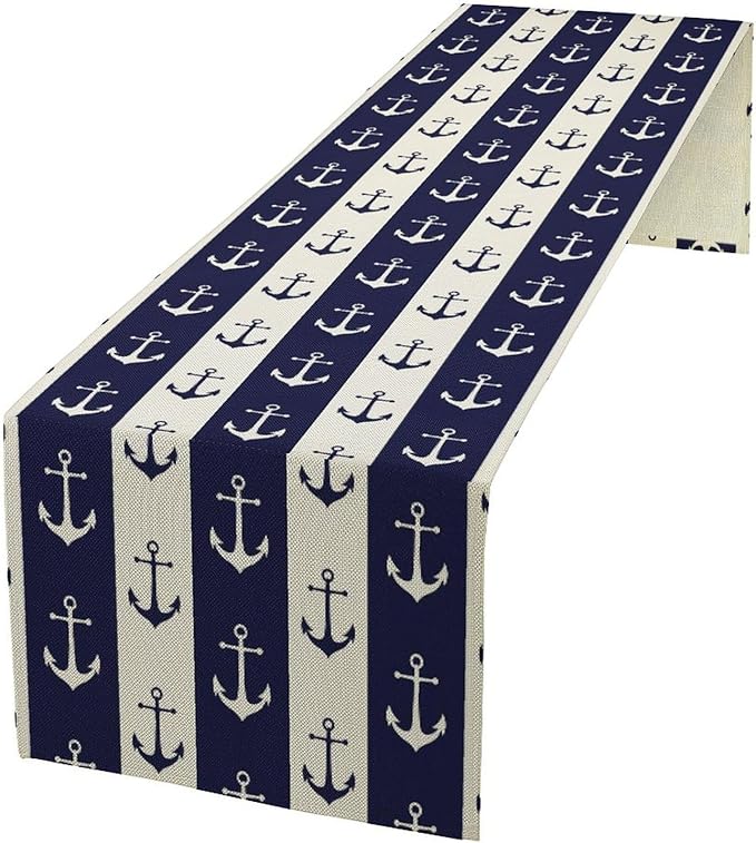 Nautical Anchor Table Runner, Ocean Beach Coastal Beach Stripe Background Theme Table Runner for Dining Kitchen Party Holidays Home 13x108in