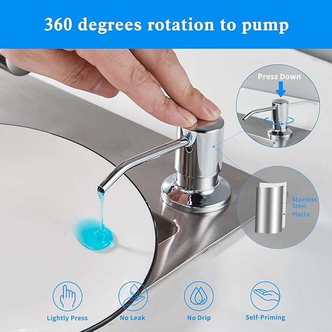Built in Soap Dispenser for Kitchen Sink, Chrome Stainless Steel Countertop Pump Head (Plastic Inside), Dish Soap Hand Lotion Dispenser with Refillable 17OZ Bottle