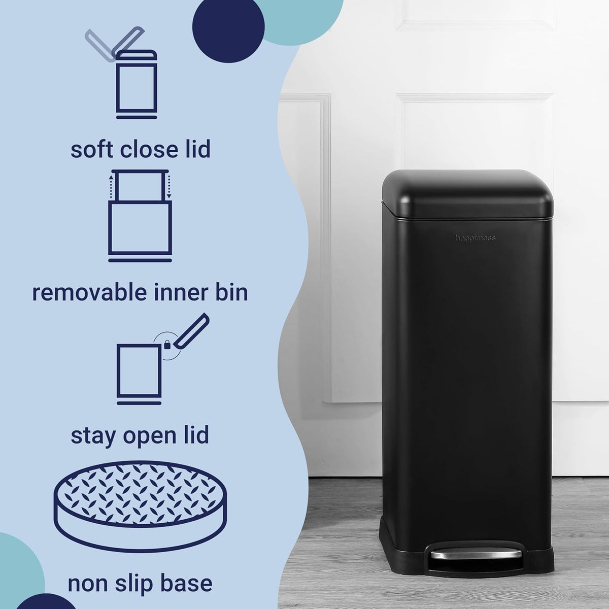 happimess HPM1007B Betty Retro 8-Gallon Step-Open Trash Can with Soft-Close Lid, Fingerprint Resistant, Modern, Minimalistic for Home, Kitchen, Laundry Room, Office, Bedroom, Bathroom, Black