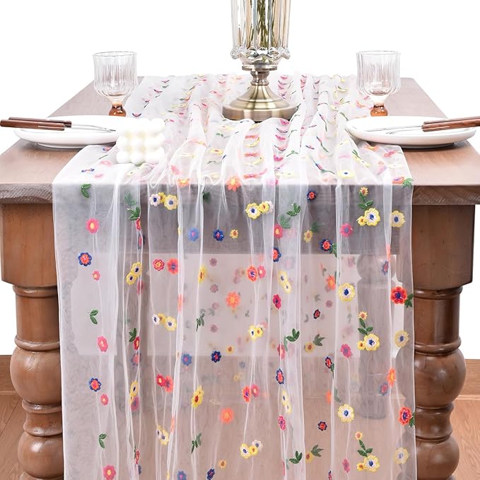 Joanlody Ivory Embroidery Daisy Spring Summer Table Runner 10ft Florals Seasonal Easter Tulle Table Runner Holiday Kitchen Dining Table Decoration for Home Party Indoor