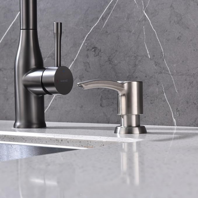 Kitchen Sink Soap Dispenser Brushed Nickel, Built in Soap Dispenser Kitchen Countertop, ABS Pump Head with Refillable Bottle, Under Counter Dish Soap Hand Lotion Dispenser