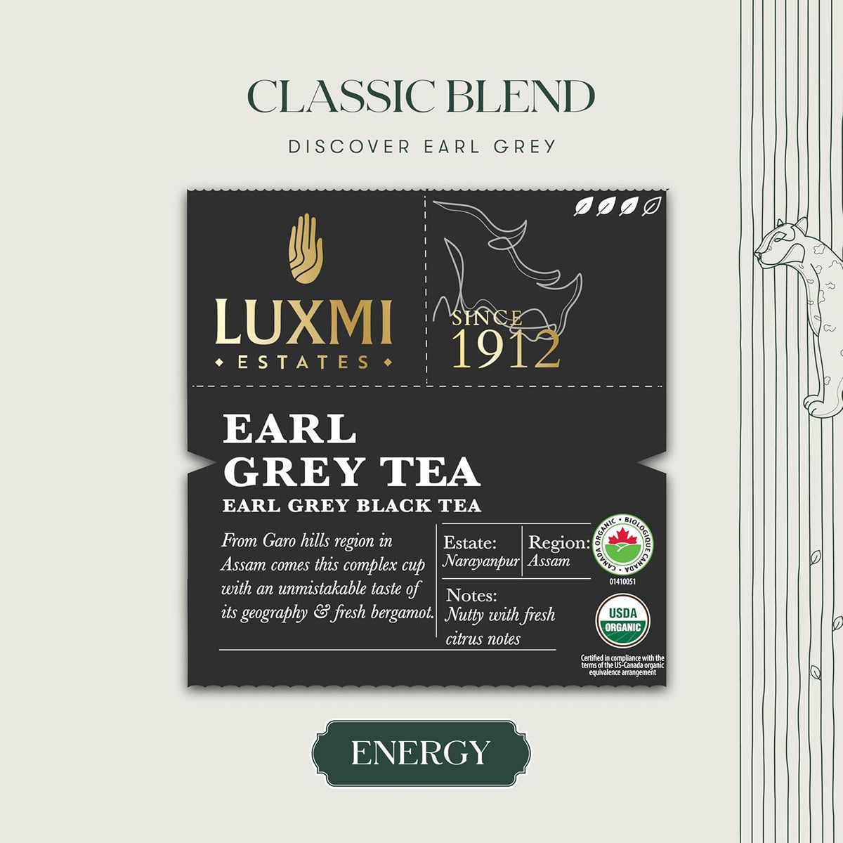 Luxmi Estates Garo Hills Earl Grey Tea 100gm Tin, Certified Organic Black Tea