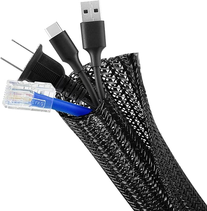 16ft - 3/8 inch Cable Management Sleeve Cord Protector, Split Wire Loom for USB TV Computer, Braided Wire Cover Hider Organizer Tubing Protect Cat Dog from Chewing, Black