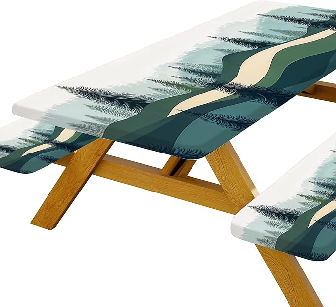 Picnic Table Cover with Bench Covers, Green Blue Camping Tablecloth Waterproof Windproof, Fitted Tablecloth Cover with Elastic Edge, for Indoor & Outdoor, Garden, Camping, 3 Pieces Set, 30x96 Inch