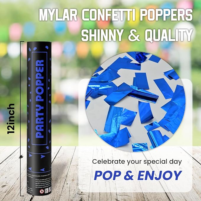 Party Poppers Confetti Cannon 12 Pack Royal Blue Poppers 12 Inch Party Shooters Mylar Confetti Blue Foil Confetti Cannons Bulk for Wedding Birthday Graduation Baby Gender Reveal Christmas New Years