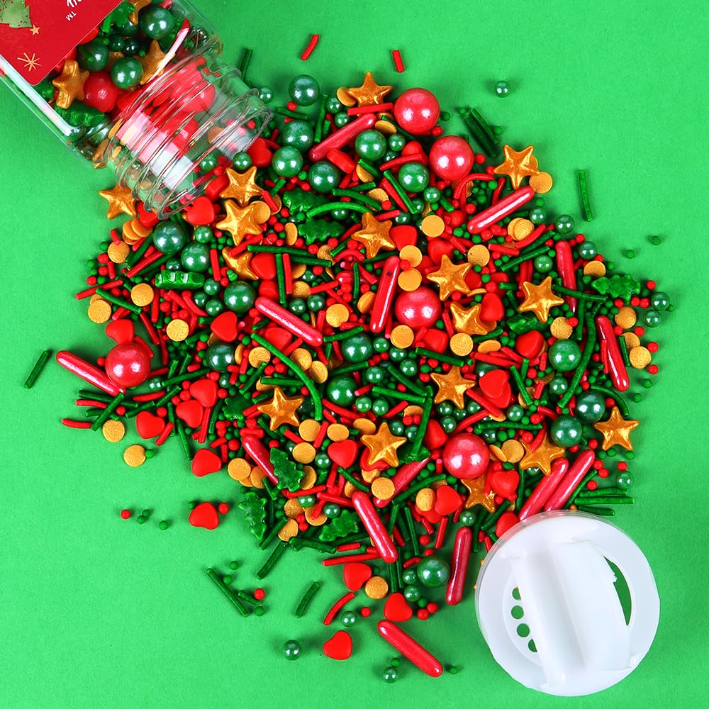 Christmas Sprinkles for Cookies, Red and Green Sprinkles With Green Tree & Gold Star, Perfect for Christmas Dessert Party 4.23 Ounce