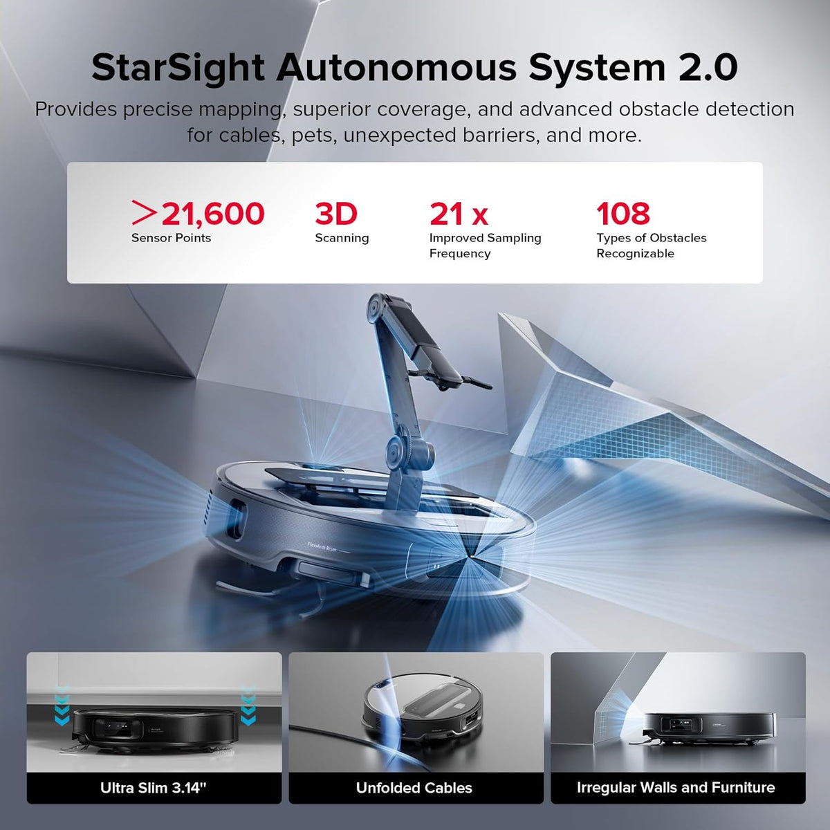 roborock Saros Z70 Robot Vacuum and Mop, OmniGrip Arm, AI-Powered, 22,000Pa Suction, 3.14’’ Ultra Slim, FlexiArm Riser Technology, AdaptiLift Chassis, Obstacle Avoidance, Auto Mop Washing & Drying