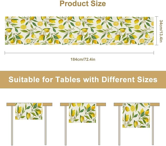 Lemon Table Runner, Summer Fruits Green Leaves Flower Plant Table Runner for Farmhouse Coffee Home Kitchen Dining Party Outdoor 13x70in