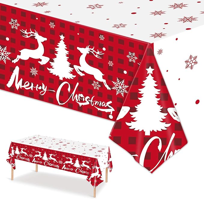 Winter Christmas Tablecloths - 2-Pack, Winter Themed with Reindeer and Snowflakes, Disposable Plastic Tablecloths 54" x 108", Ideal for Indoor and Outdoor Christmas Party Decorations