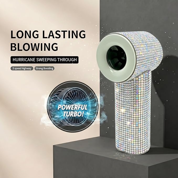 Portable Handheld Fan, Luxury Diamond Turbo Mini Fan with Digital Display, 5 Speeds USB-C Rechargeable Personal Fan for Women Men, Small Pocket Fan for Travel, Makeup, Outdoor (Sparkling-Green)