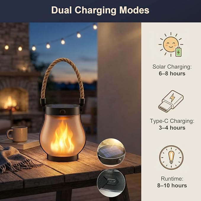 Solar Lanterns Outdoor Waterproof 6 Pack, Outdoor Solar Lanterns with Flickering Flame Effect, USB-C & Solar Charging, Auto Dusk to Dawn, Hanging Light for Garden Patio Yard