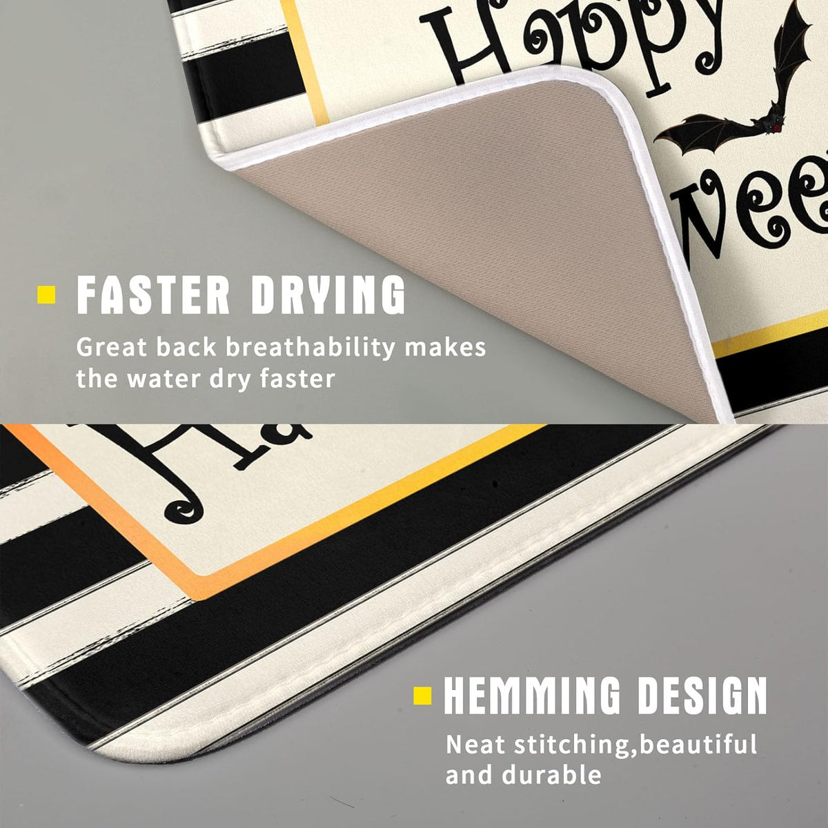 Happy Halloween Bats Dish Drying Mat for Kitchen Counter,Black and White Stripe Drying Mat 16 x 18 Inch with High Absorbent Microfiber Dish Drying
