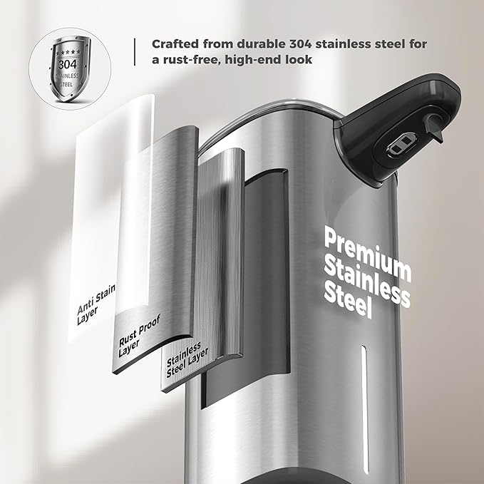 Sineng Automatic Soap Dispenser Touchless, 304 Stainless Steel Liquid Hand Soap Dispenser, 8.5oz/250ml 2 Adjustable Levels Water-Resistant and Rechargeable Kitchen Bathroom Soap Dispenser