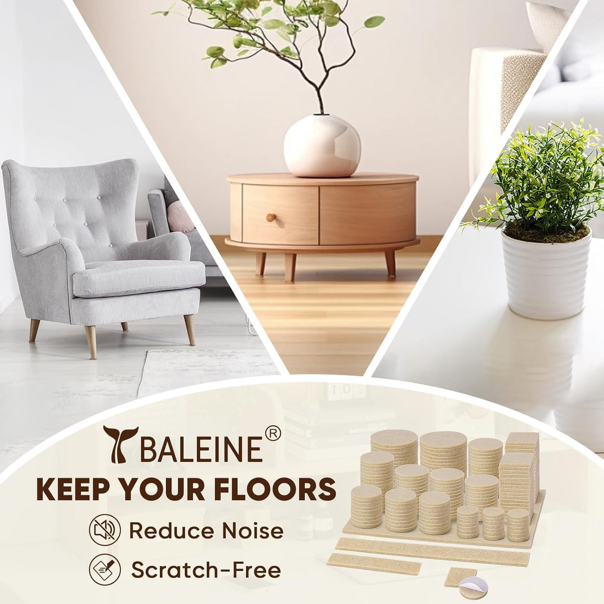 BALEINE 300PCS Felt Furniture Pads, Multi-Size Felt Pads for Chair Legs, Tables, Beds, Scratch-Reducing Floor Protectors for Hardwood Floors, Tile, Vinyl, and Laminate (300PCS, Beige)