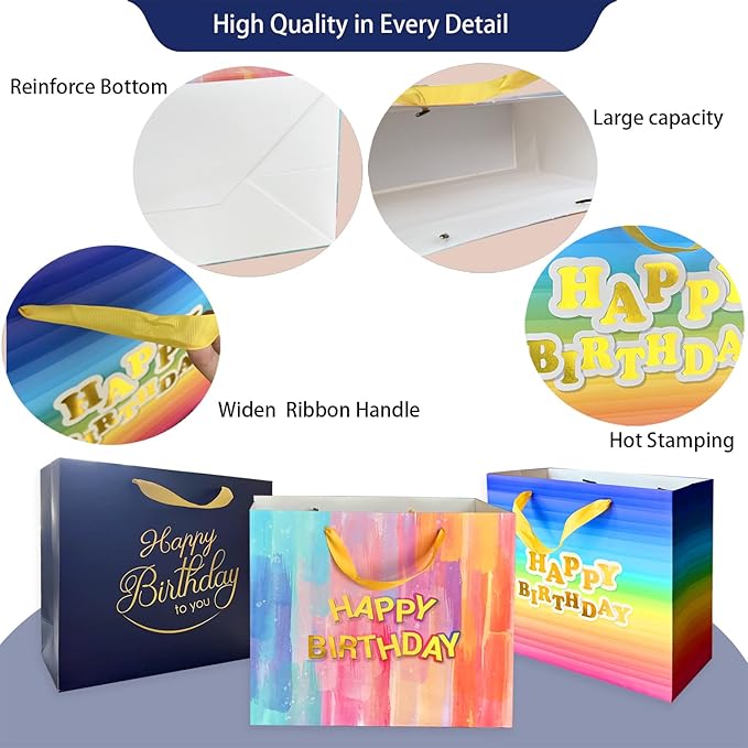 AMROSE 3 Pack Large 13’’ Birthday Gift Bags with Card and Tissue Paper, Recyclable Paper Gift Bag for Birthdays and More, Multicolors