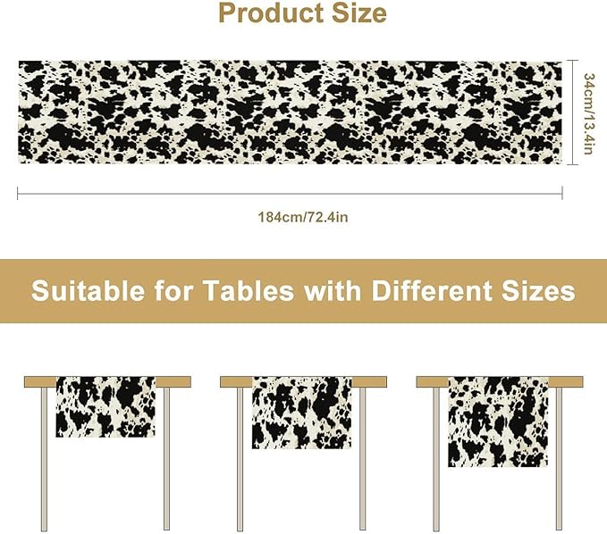 Cow Print Table Runner, Black White Animal Fur Skin Rustic Cowhide Pattern Table Runner for Kitchen Farmhouse Dining Home Outdoor Party 13x108in