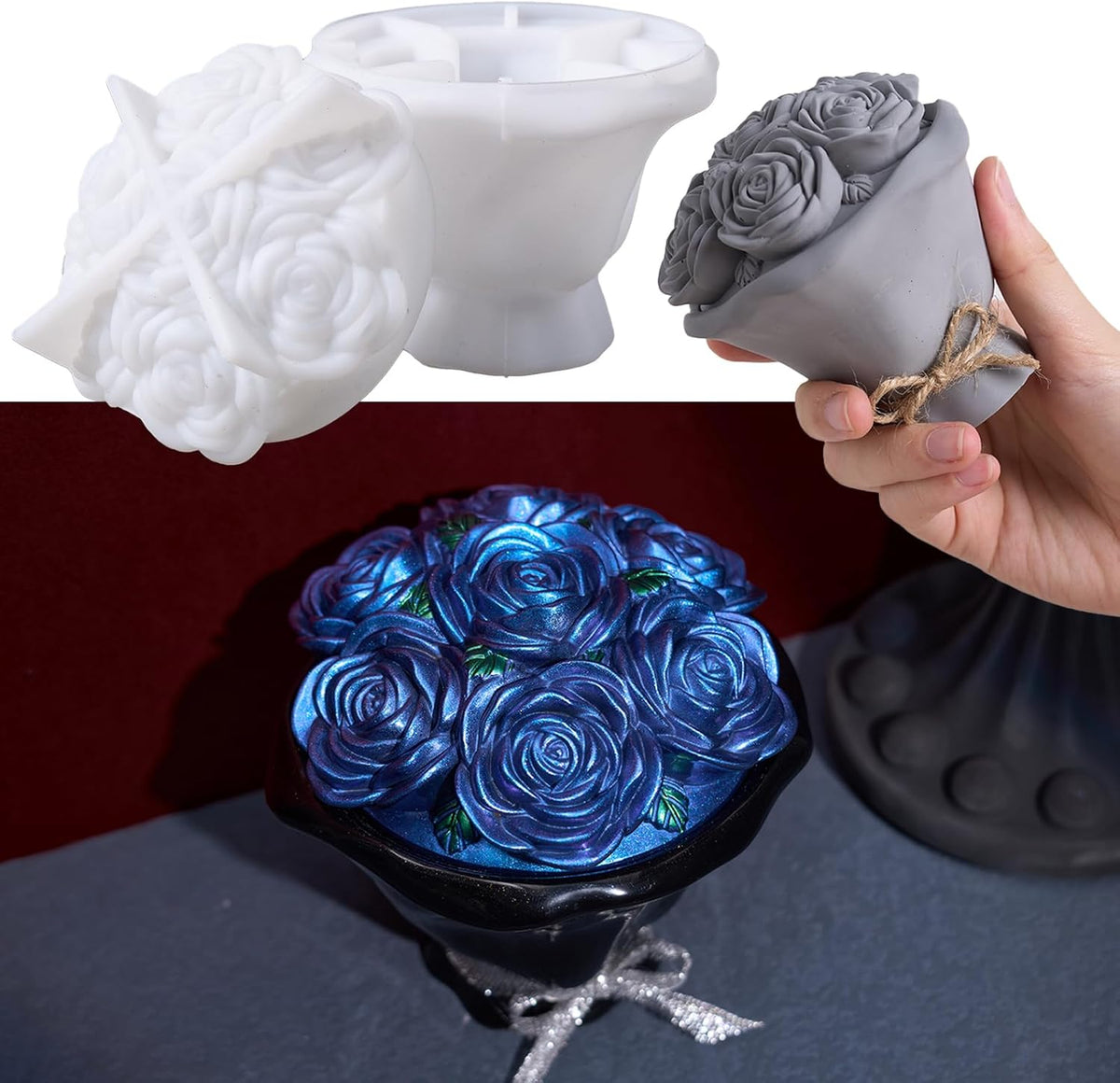Epoxy Resin Storage Box Silicone Molds A Bouquet of Roses Jar with Lid DIY Jewelry Trinket Candy Container Silicone Mould Epoxy Concrete Cement