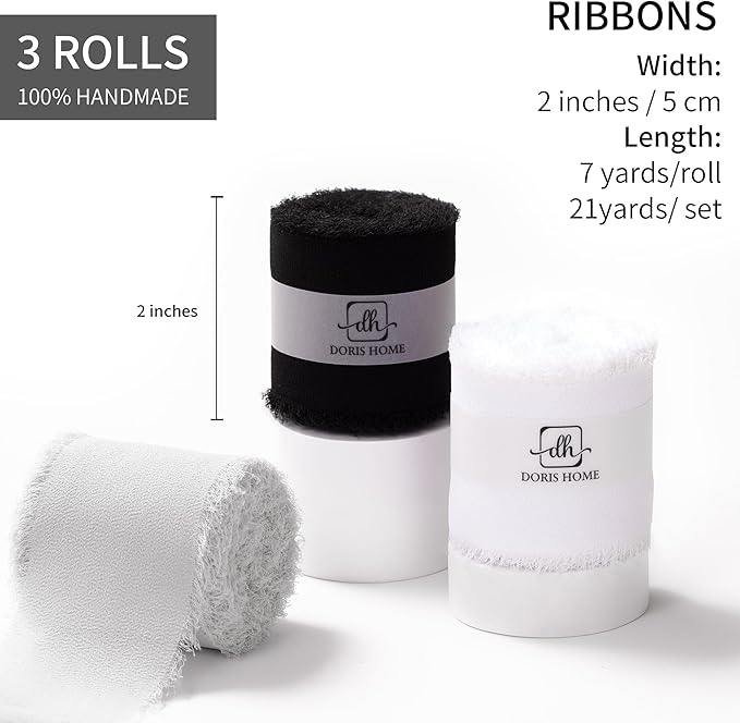 DORIS HOME 2" x21Yd Chiffon Ribbon for Flower Bouquet, Black & White Fabric Ribbon for Gift Wrapping, Handmade Frayed Ribbon for Wedding Christmas Decorations