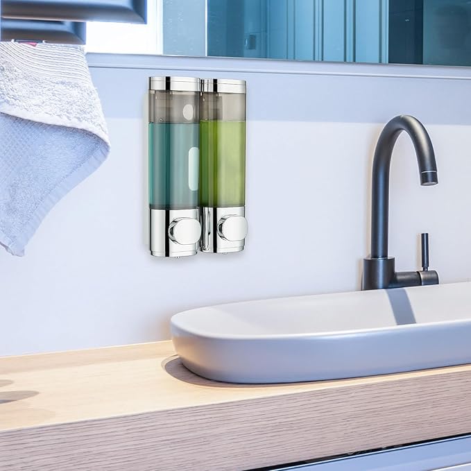 pollock Shampoo Dispensers for Shower Wall Mounted, Shower Shampoo Dispenser 2 Chamber No Drill Shampoo and Conditioner Dispenser Body Wash Dispenser for Bathroom,Large Capacity,Chrome