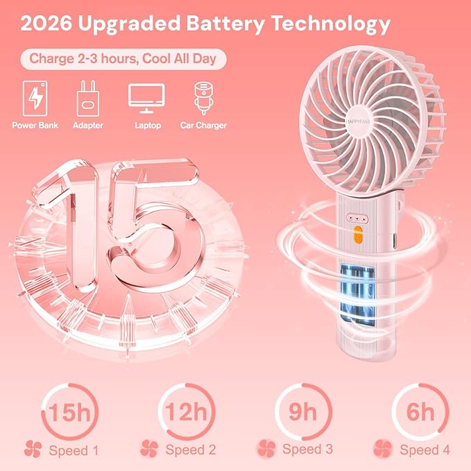 Portable Fan, 4-Speed,180° Foldable, Quiet Mini Small Cute Rechargeable Personal Handheld Fan, 15H Cooling for Women Men Kids Travel Indoor Outdoor Makeup (Pink)