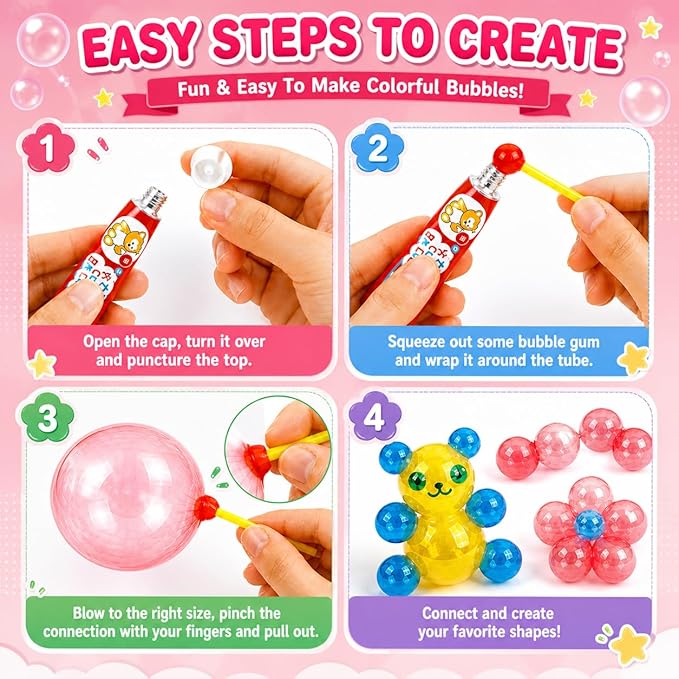 40 PCS Blow Plastic Bubbles Toy Kit, Large Bubble Balloons for Kids, DIY Blow Bubble Balloons with Straws, Colorful Plastic Bubble Toy, Party Favors, Classroom Rewards, Birthday Gift
