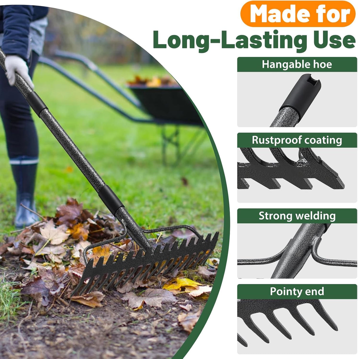 Garden Leaf Rake with 77 Inch Handle, Heavy Duty 17 Inch Wide Metal Garden Lawn Rake for Loosening Soil Raking Leaf Leveling Rocks Spreading Mulch