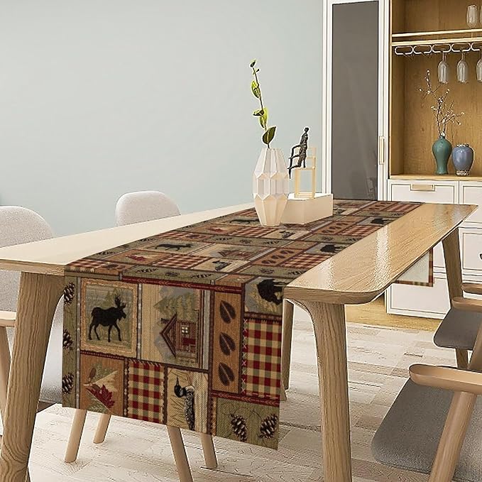 Rustic Deer Bear Table Runner, Vintage Bear Country Cabin Farmhouse Table Runner for Home Kitchen Dining Table Decoration 13x70in