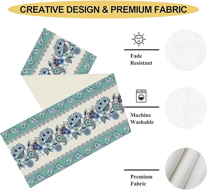 Paisley Table Runner, Vintage Teal Damask Floral Flower Boho Antique Damask Swirled Pattern Rustic Coffee Table Center Decor for Family Kitchen and Living Room Outdoor Table Decorations, 13"x72"