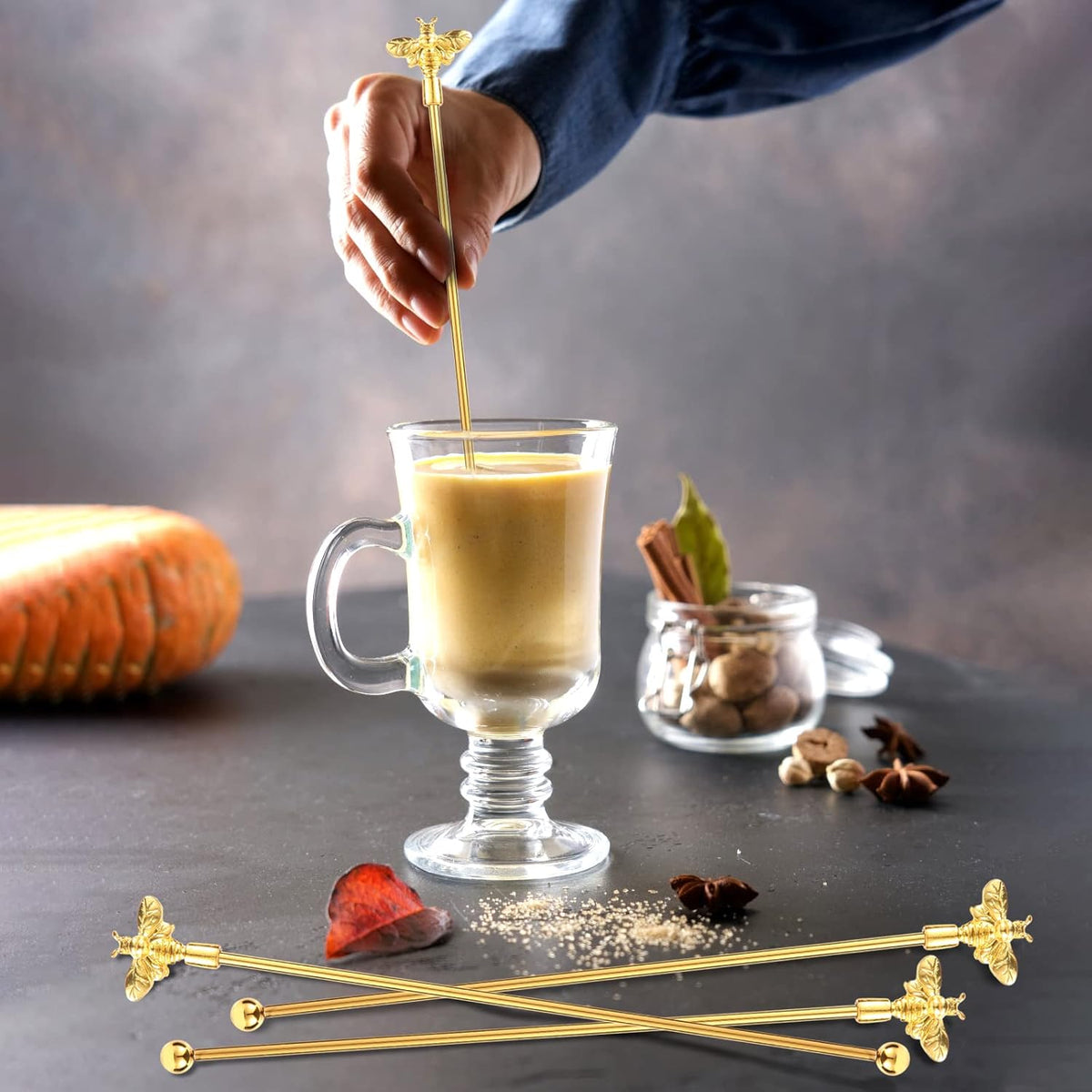 4Pcs Bumble Bee Cocktail Stirrers Swizzle Sticks Stainless Steel 7.5" Coffee Beverage Stir Sticks with Gold Decor Top for Mixing Cocktail, Hot Cocoa