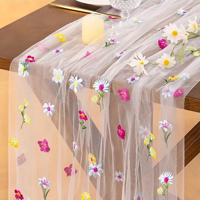 Socomi Flower Table Runner Summer Daisy Floral Tulle Gauze Cheesecloth Embroidery Table Runners for Tea Party Garden Wedding Bridal Baby Shower Birthday Picnic Decor Ivory White 3pcs