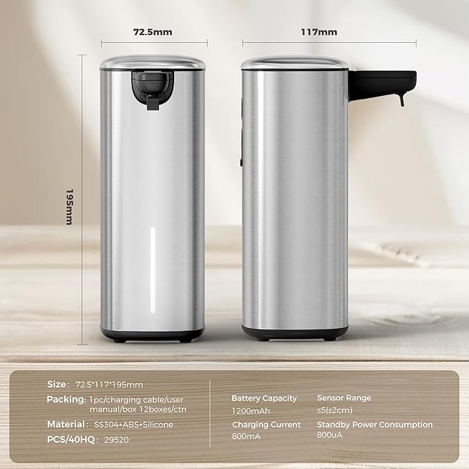 Sineng Automatic Soap Dispenser Touchless, 304 Stainless Steel Liquid Hand Soap Dispenser, 8.5oz/250ml 2 Adjustable Levels Water-Resistant and Rechargeable Kitchen Bathroom Soap Dispenser
