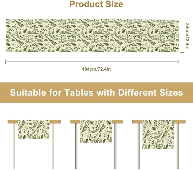 Green Leaves Table Runner,Spring Summer Herbs Botanical Natural Plants Print Table Runner for Kitchen Dining Table Farmhouse Home Party Decor 13x70in