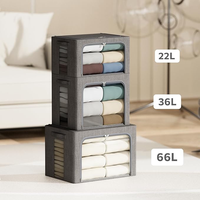 4 Pack Clothes Storage Bins with Metal Frame - 66L Stackable Storage Box with Lid，Foldable Storage Container Organizer for Clothes，Linen Fabric Storage Box with Clear Window＆Zippers＆Handles