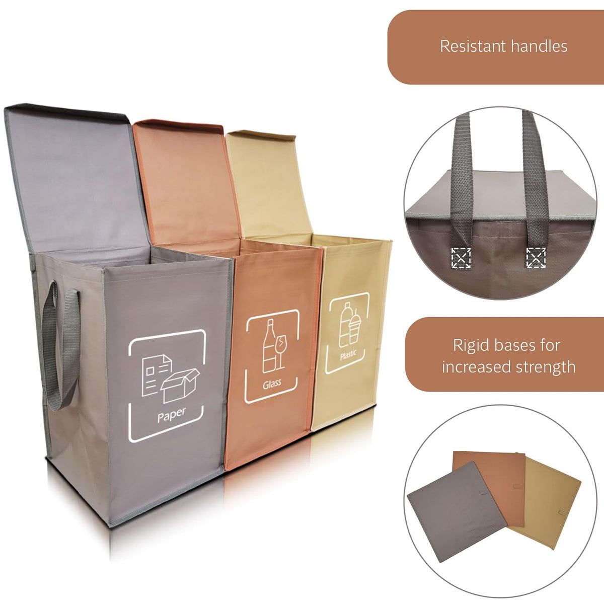 NYIKA - Recycling Organizer - Reusable Recycling Bags - Recycling Sorter - Trash Sorting Bins - 3 Compartment Recycle - Pack of 3 Bags with Lid