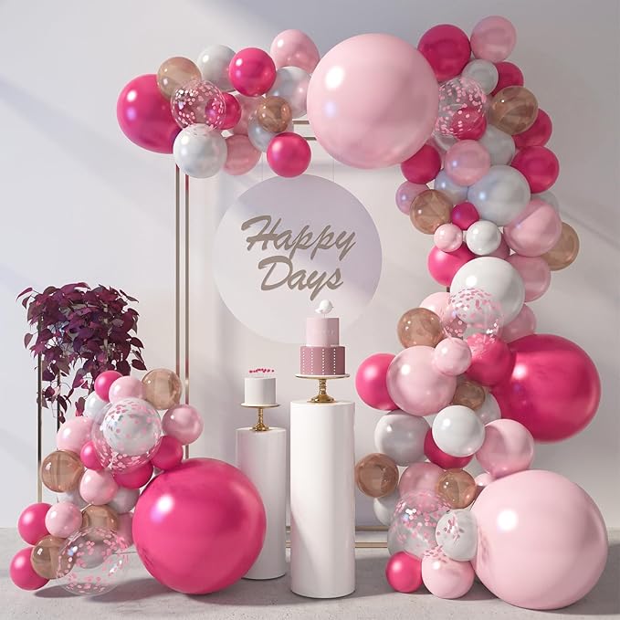 LovesTown 150 PCS Pink Rose Gold White Balloons Different Size of 18 12 10 5 Inch, Pink Confetti Balloons with Ribbons for Confession Proposal Wedding Girls Birthday Baby Shower Party Decorations