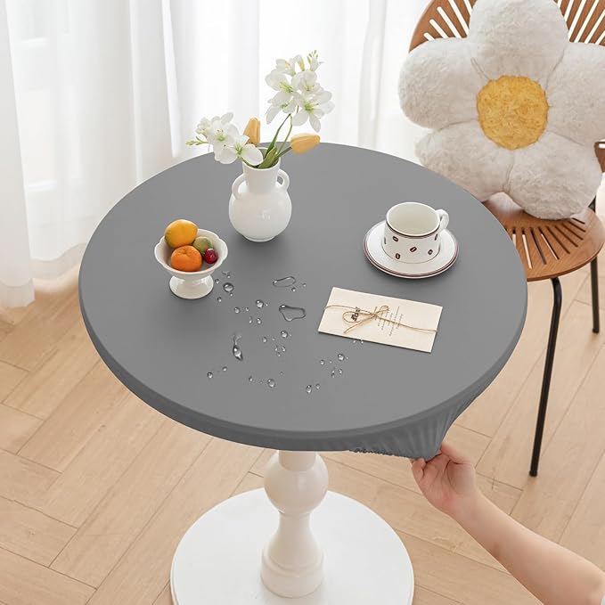 Round Fitted PU Tablecloth with High Elastic Edge 47 Inch Dia Waterproof Oil Proof Table Cloth Anti-Scald Stain-Resistant Wipeable Table Cover for Indoor Outdoor Picnic (Light Grey,47" Dia)