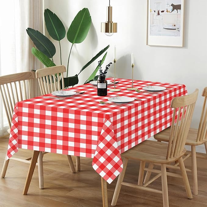 QIKSION Red Gingham Tablecloth Disposable 12 Pack, 54 x 108 Inch Red and White Checkered Table Cloth for Picnic, Outdoor BBQ Decorations, Birthday Party Supplies, Rectangle, Plastic Table Cover