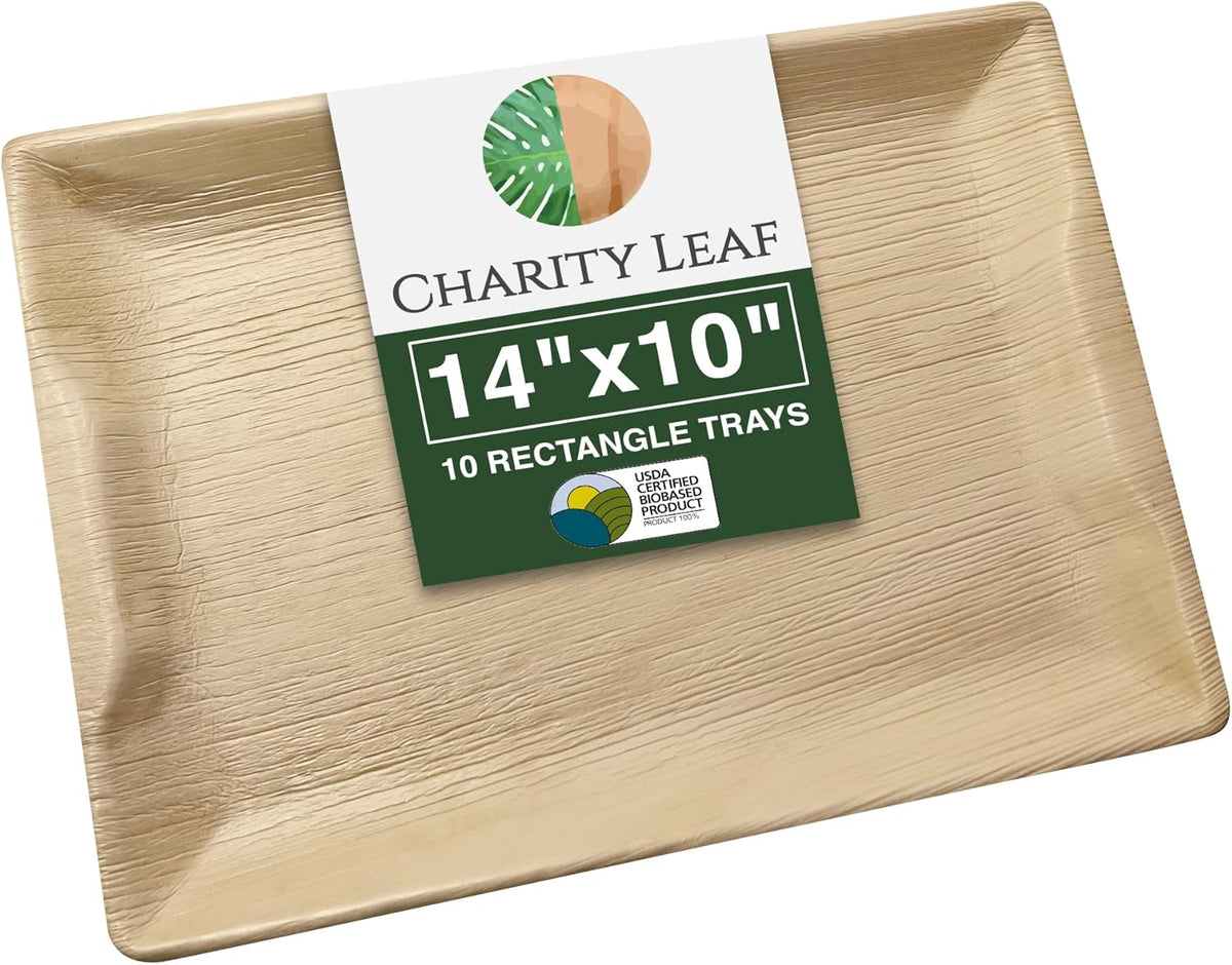 Charity Leaf Disposable Palm Leaf 13" x 9" Trays (10 pieces) Bamboo Like Serving Platters, Disposable Boards, Eco-Friendly Dinnerware For Weddings