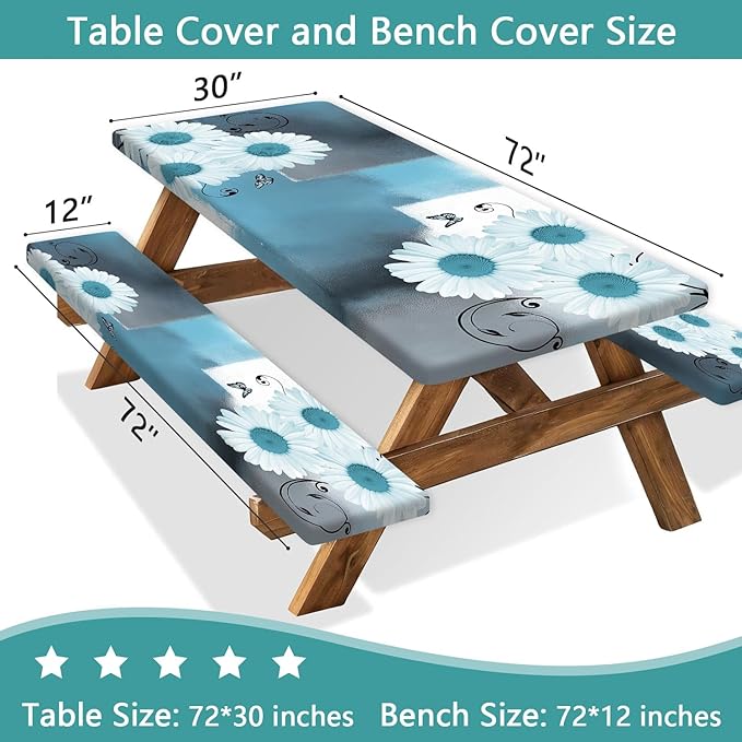Picnic Table Cover with Bench Covers and Bag, Daisy Outdoor Waterproof Windproof Tablecloth with Elastic Edges. Camping Accessories RV Gear Campers Must Have 96x30 Inches 3 Pcs Set (Teal)