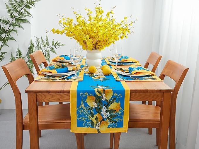 YiHomer Provence Blue Lemon Mediterranean Tile Tabletop for Spring Summer Decorations, Picnics and Dinner Parties - Indoor Outdoor, Stain and Water Resistant, Table Runner, 14 x 72