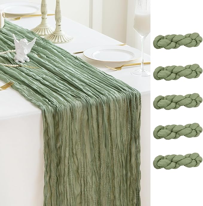 Sioloc 5 Pack Sage Green Cheesecloth Table Runner 120'' x 35'',Spring Easter Decor Soft Gauze Boho Wedding Table Decor for 10ft Table Birthday Party,Baby Shower, Bridal Shower, Home & Event Decor