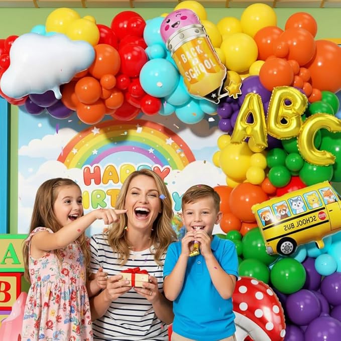 Rainbow Balloon Arch Garland Kit 173Pcs, Back to School Balloon with School Bus Pencil ABC Mushroom Cloud Foil Balloons for Watermelon Birthday Back to School Kindergarten Graduation Decor